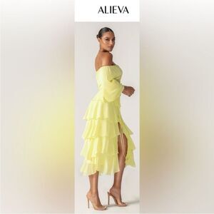 Alieva Yellow Off-Shoulder Layered Dress, M